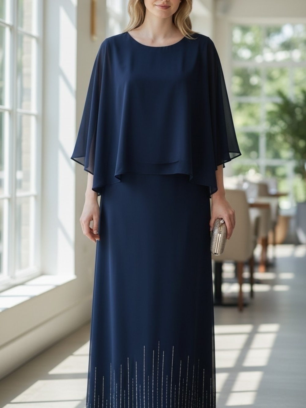 Macy's Navy Chiffon Cape Maxi Dress with Beaded Hem